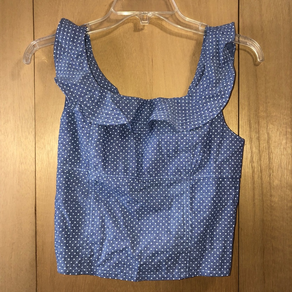 Hayden Los Angeles Denim Blue Polka Dot Crop Top Ruffles & Stretch Back Sm NWT
